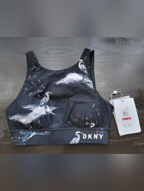 NWT DKNY Black Crane Floral-Accent Sports Bra Top Size XS